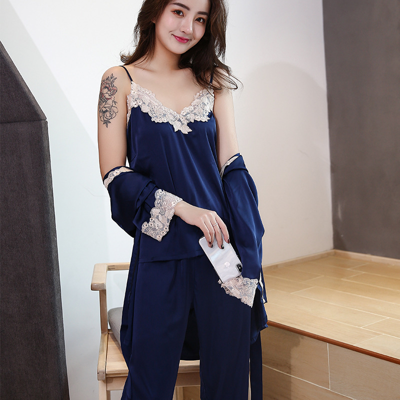 B1016-Women's summer imitation silk suspender nightgown home clothes lace sexy ladies ice silk pajamas three-piece set