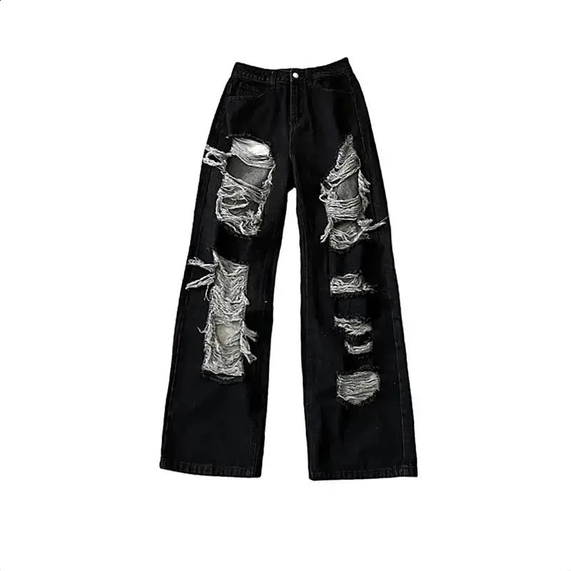 Y2k FrontRear Hole Jeans AllMatch Distressed Women High Strt Hip Hop Waist Straight Loose Trousers Z260313
