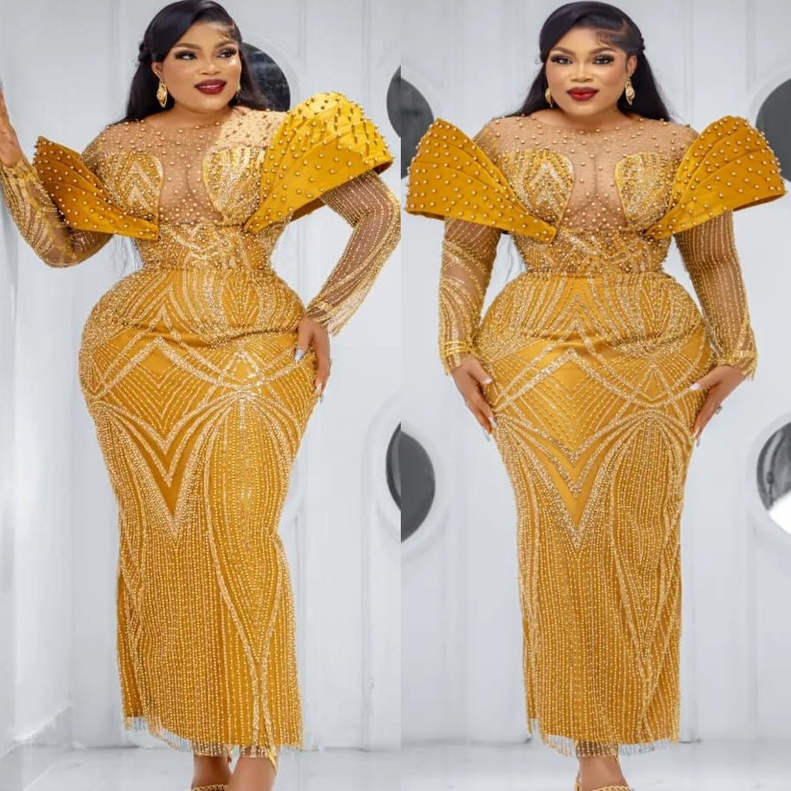 Sheath Yellow Prom Dresses 2025 Pearls Sequined Full Sleeves Elegant Evening Formal Party Second Birthday Engagement Gowns Plus Size Dress For Special