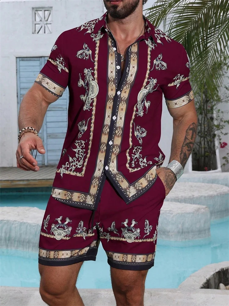 2025 Mens Shortsleeved Shirt Set With Blue Retro Pattern Print For Casual Fashionable And Daily Summer Vacation 250823