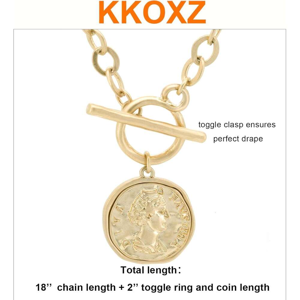 Chunky Gold Coin Pendant Necklace Trendy Layered Statement Chain Women, Antique Toggle Design with Thick Link, Fashionable Necklaces for Women