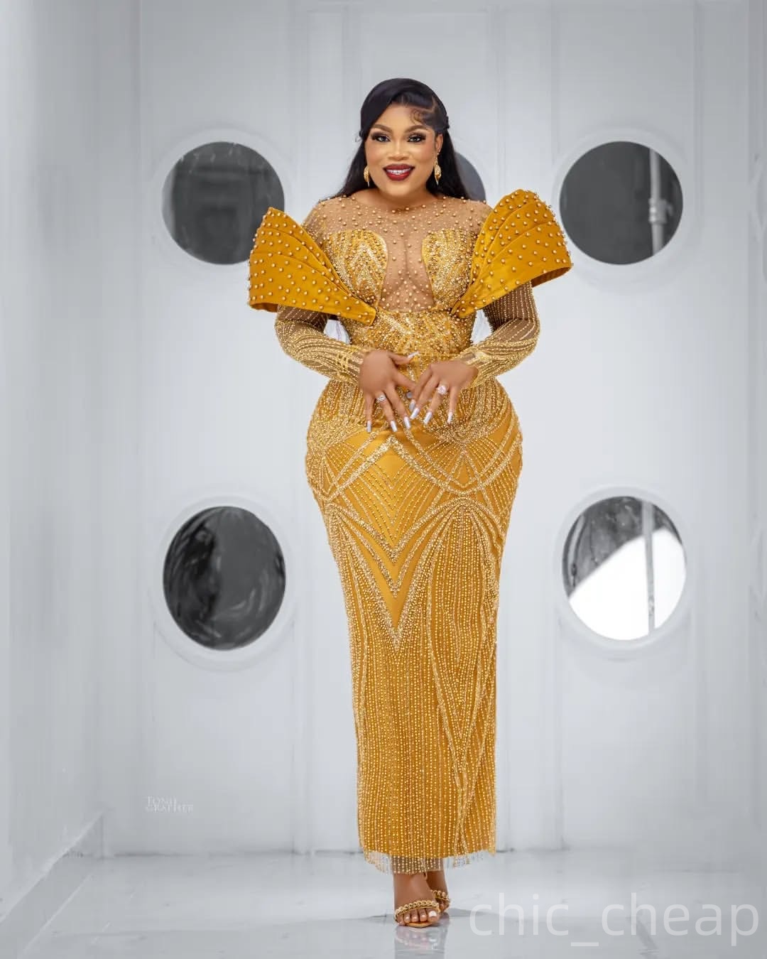 Sheath Yellow Prom Dresses 2025 Pearls Sequined Full Sleeves Elegant Evening Formal Party Second Birthday Engagement Gowns Plus Size Dress For Special