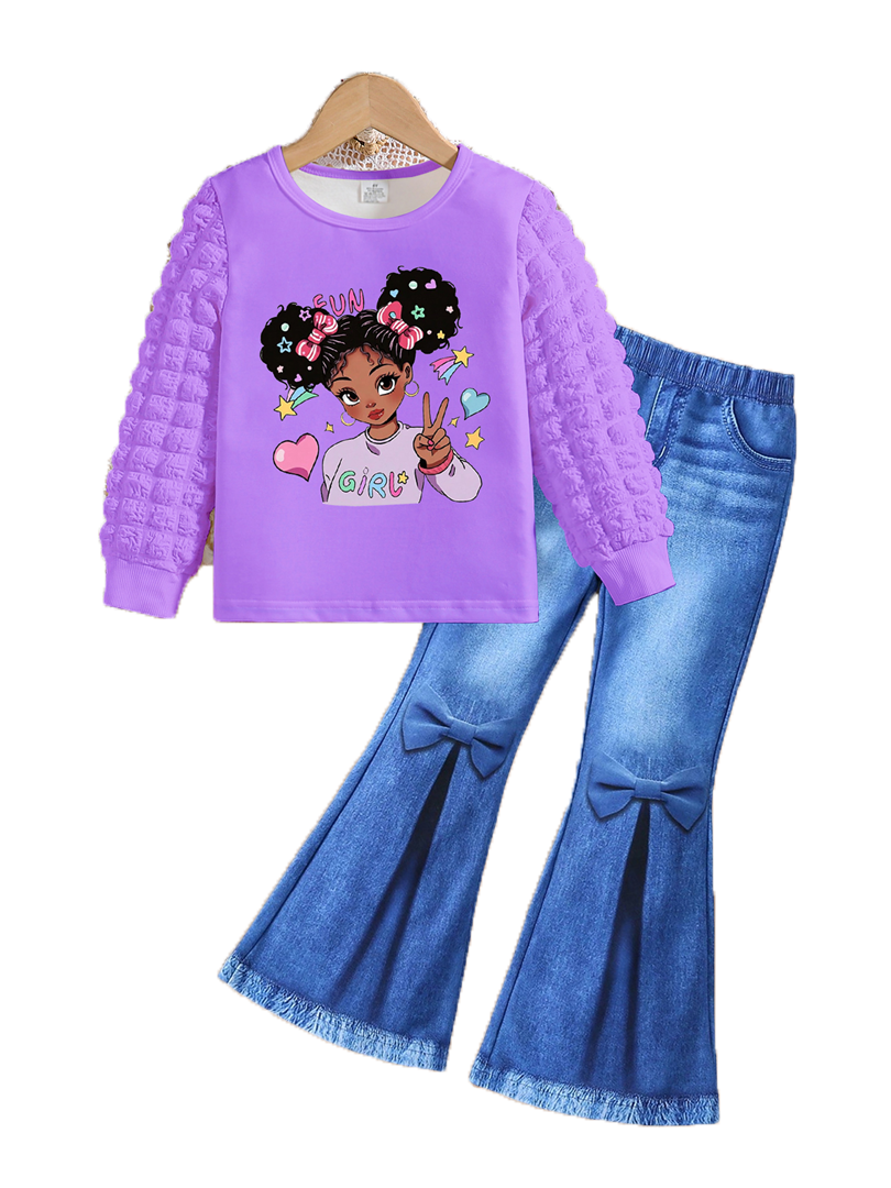 Girls' Set with Round Neck Bubble Sleeve Top & Bell Bottom Denim Pants Purple top - KJ1C4230B