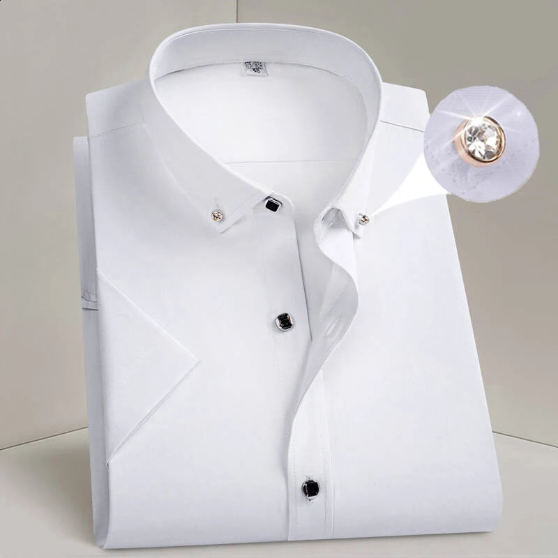Mens Dress Shirt Formal Thin Business Classic Basic Diamond Button Social White Shirt Short Sleeve Men Clothing 250823