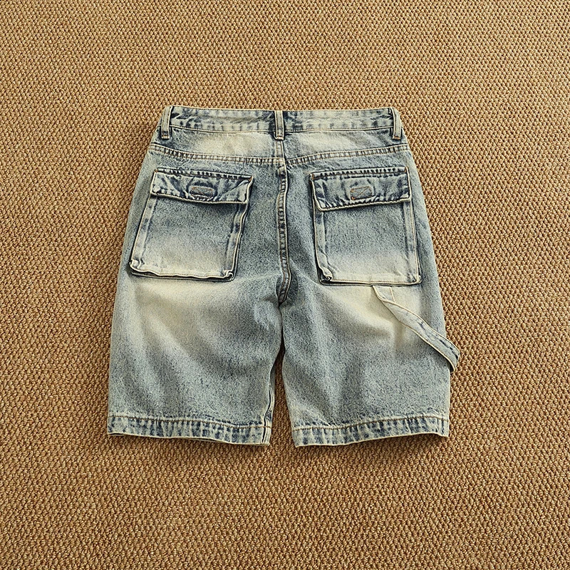 Summer denim medium pants fashion men high street trend fashion baggy multi-pocket cargo quarter pants 250823