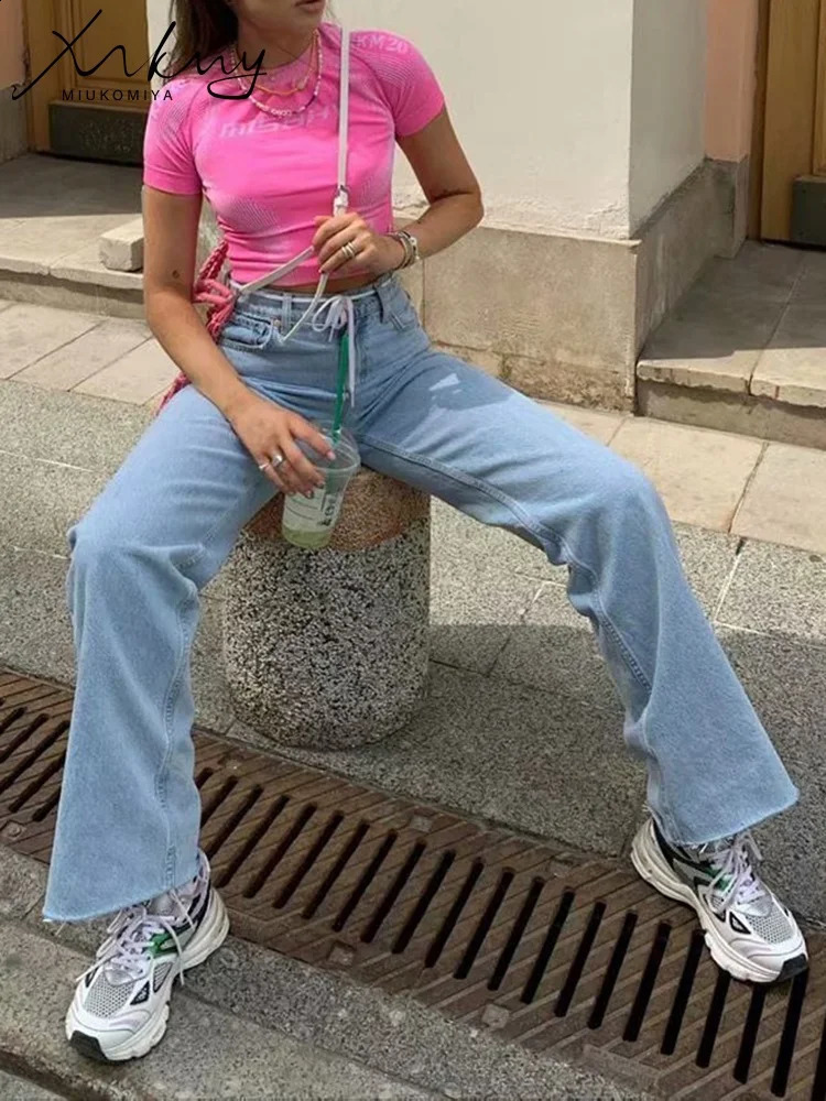 MiuKoMiYa Straight Jeans Women High Waist Streetwear Light Blue Boyfriend Denim Pants Ladies Wide Leg White For Z260313