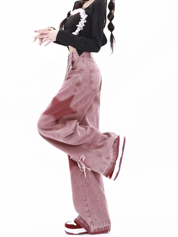 American Retro Jeans Fivepoint Star Raw Edge Splicing Loose Wideleg Women Look Thin Allmatch Mopping Pants Z260313