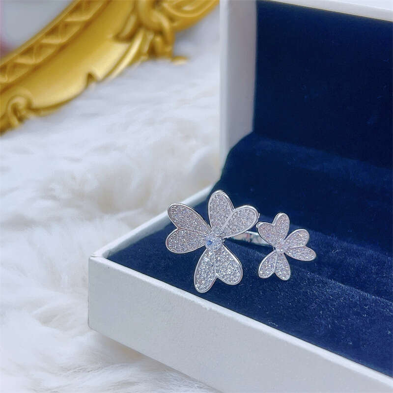 Top grade luxury full diamond flower ring women girls lovely romantic flowers rings 18k rose gold silver charm ring jewelry open size