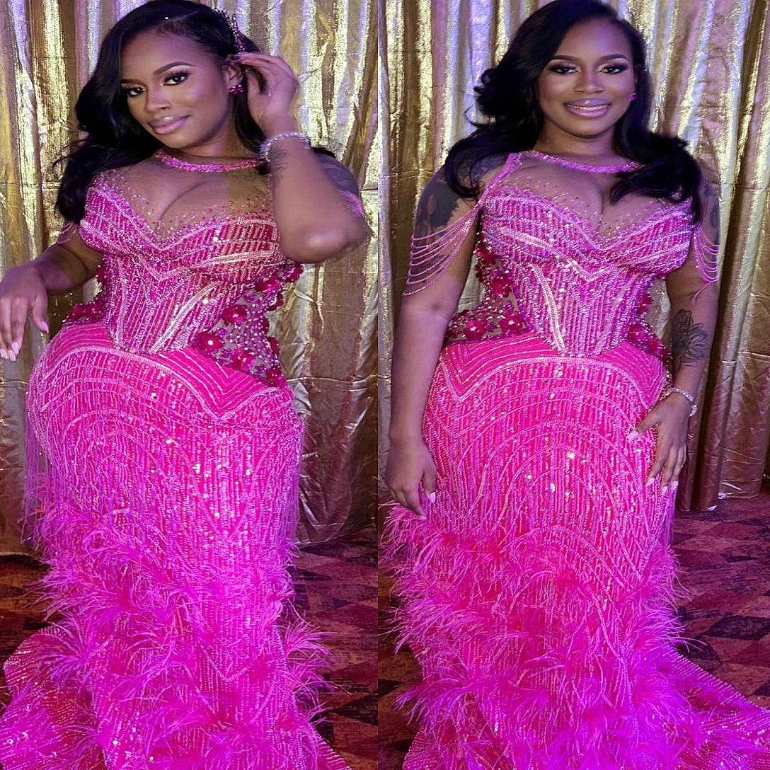 Mermaid Fuchsia Prom Dresses 2025 Beaded Flowers Feather Sparkly Evening Formal Party Second Birthday Engagement Gowns Plus Size Dress For Special Occ