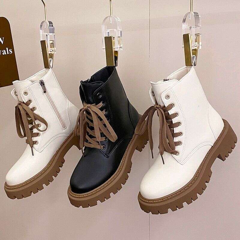 HZCL New Women's Autumn Single British-style Leather Platform Booties with Winter Fleece Warm White Boots