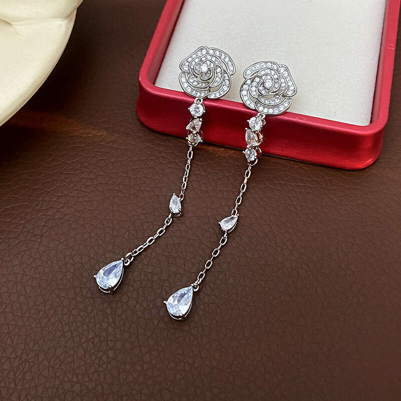 light luxury silhouette long style love rose flowers tassel earring sterling silver camellia flower earrings for women luxury rose gold zircon ear rin