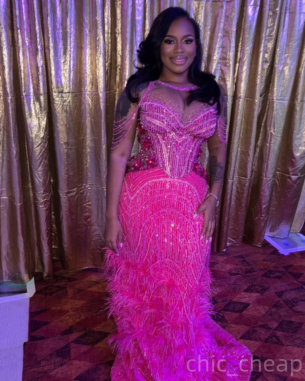 Mermaid Fuchsia Prom Dresses 2025 Beaded Flowers Feather Sparkly Evening Formal Party Second Birthday Engagement Gowns Plus Size Dress For Special Occ