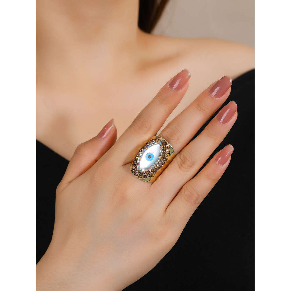 luxury Turkish Fashion Style Shell Eye Mud Inlaid Diamond Adjustable Electroplated Gold Personality Ring Turkish Eye bague