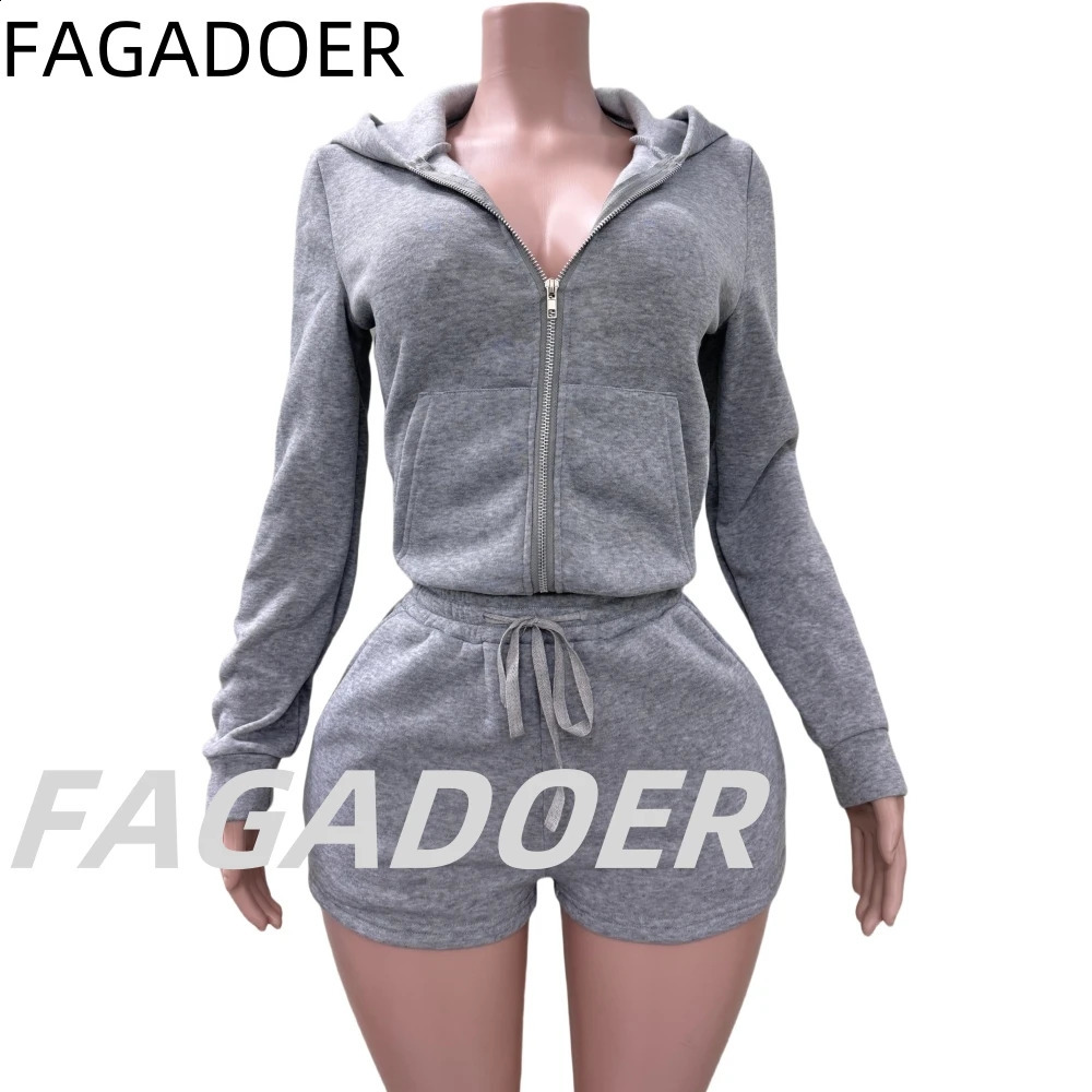 FAGADOER Casual Solid Hooded Zip Shorts Tracksuits Women V Neck Long Sleeve Top And Shorts Two Piece Set Fashion Sporty Outfits 250823