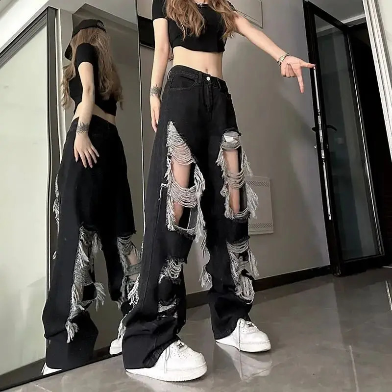 Y2k FrontRear Hole Jeans AllMatch Distressed Women High Strt Hip Hop Waist Straight Loose Trousers Z260313