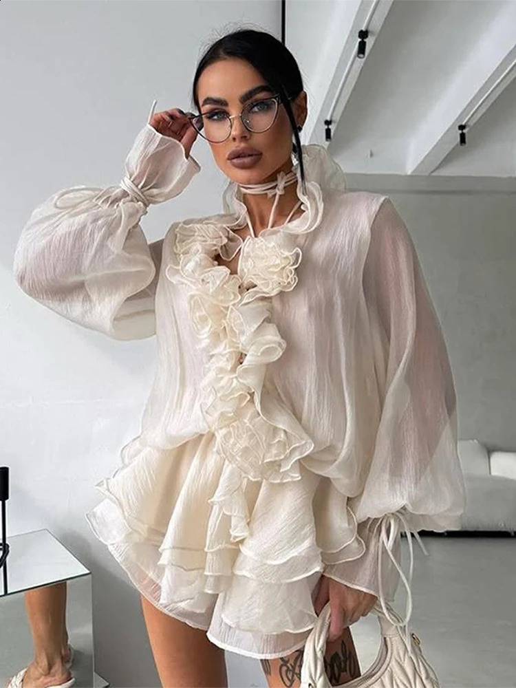 Elegant 3D Flower Ruffle Shirt Shorts Sets Women Lace Up Long Sleeve V-neck Top Elastic Waist Shorts Summer Chic Lady Suits 250823