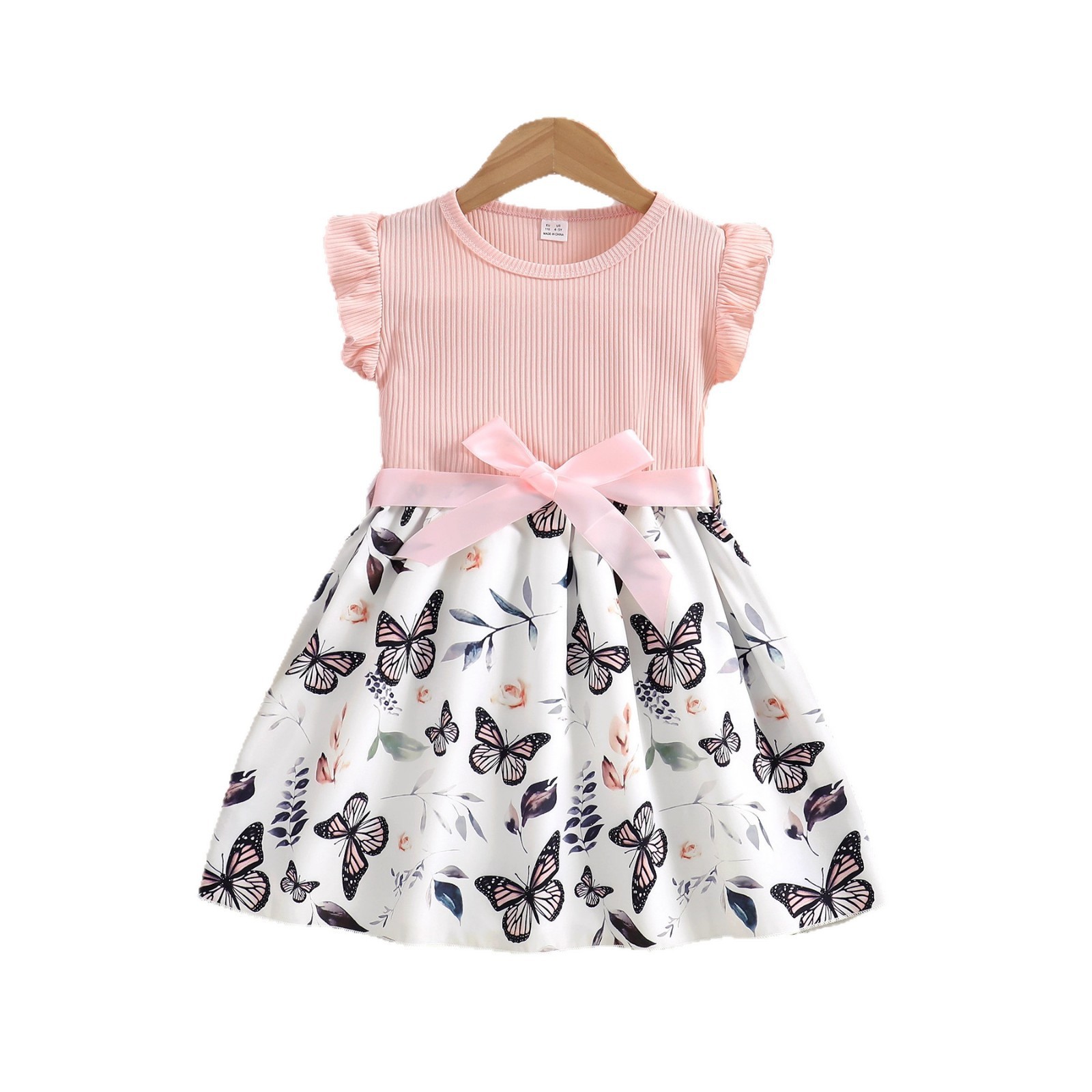 Summer Girls' Floral A-Line Dress with Frilly Sleeves Sweet Butterfly Knot Flower Print Tiered Dresses pink - KJC8847A