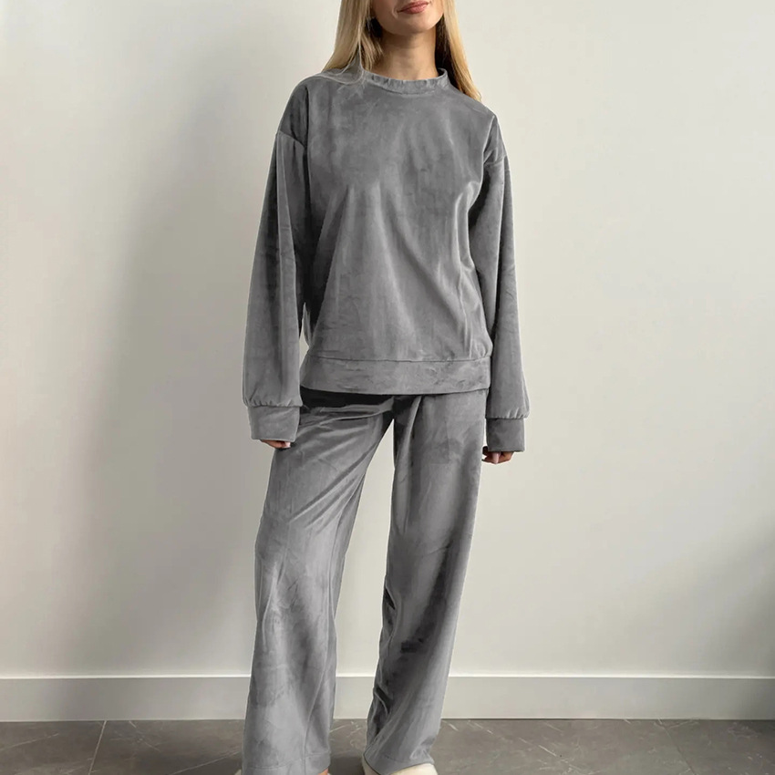 XS2-Winter warm flannel pajamas soft skin-friendly loose round neck warm thick home clothes for women