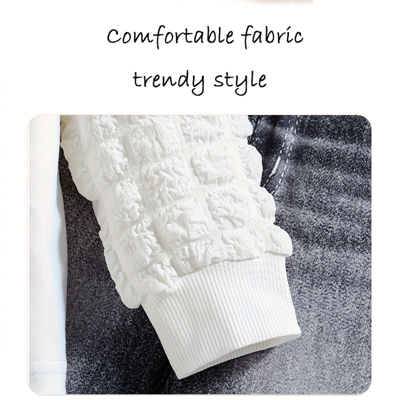 Girls' Set with Round Neck Bubble Sleeve Top & Bell Bottom Denim Pants pink top - KJ1C4230C