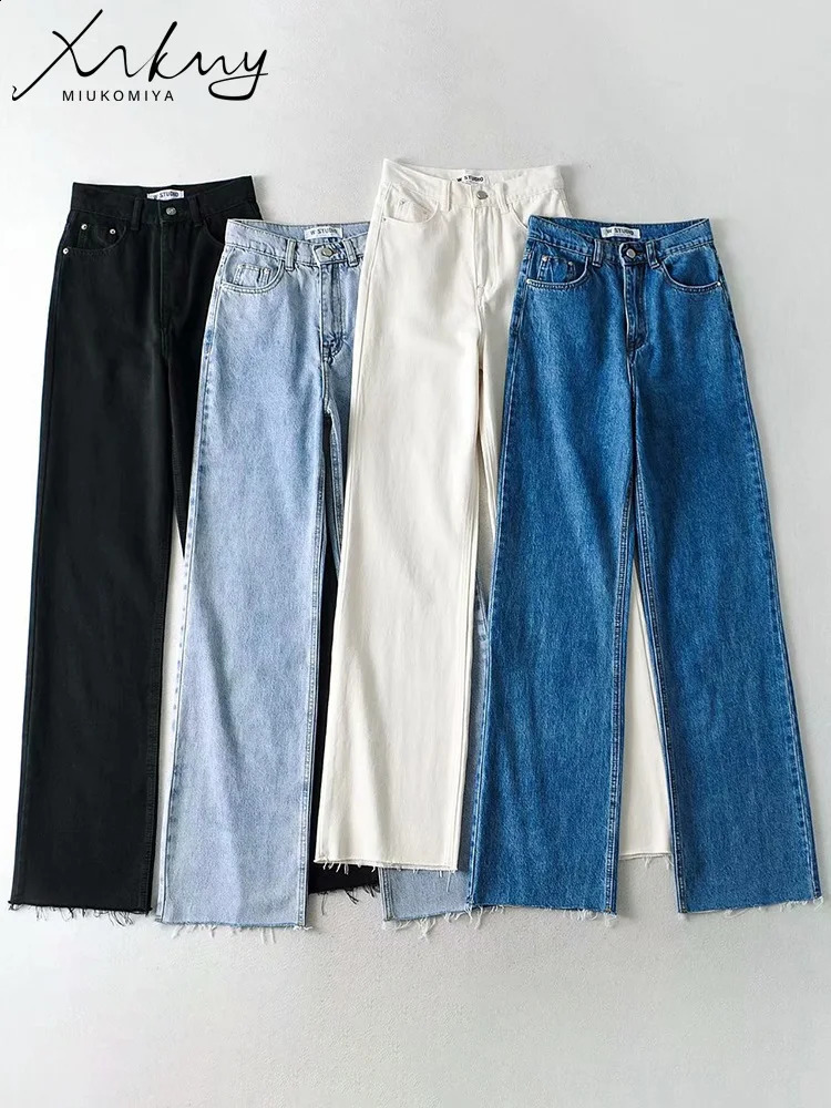 MiuKoMiYa Straight Jeans Women High Waist Streetwear Light Blue Boyfriend Denim Pants Ladies Wide Leg White For Z260313