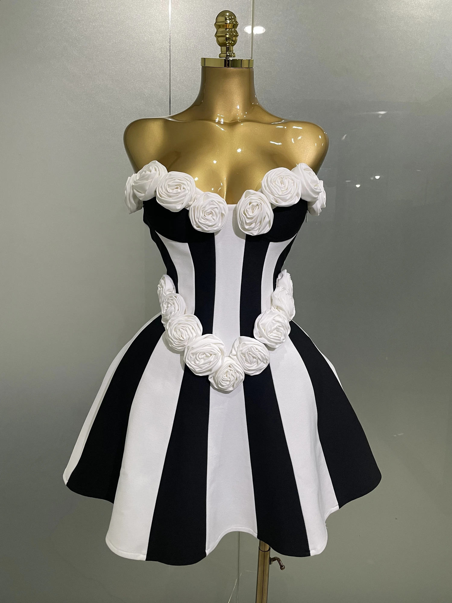 Women Flower Decoration Strapless Black White Stripe Bandage Short Dress Cocktail Party Elegant Evening Club 250823