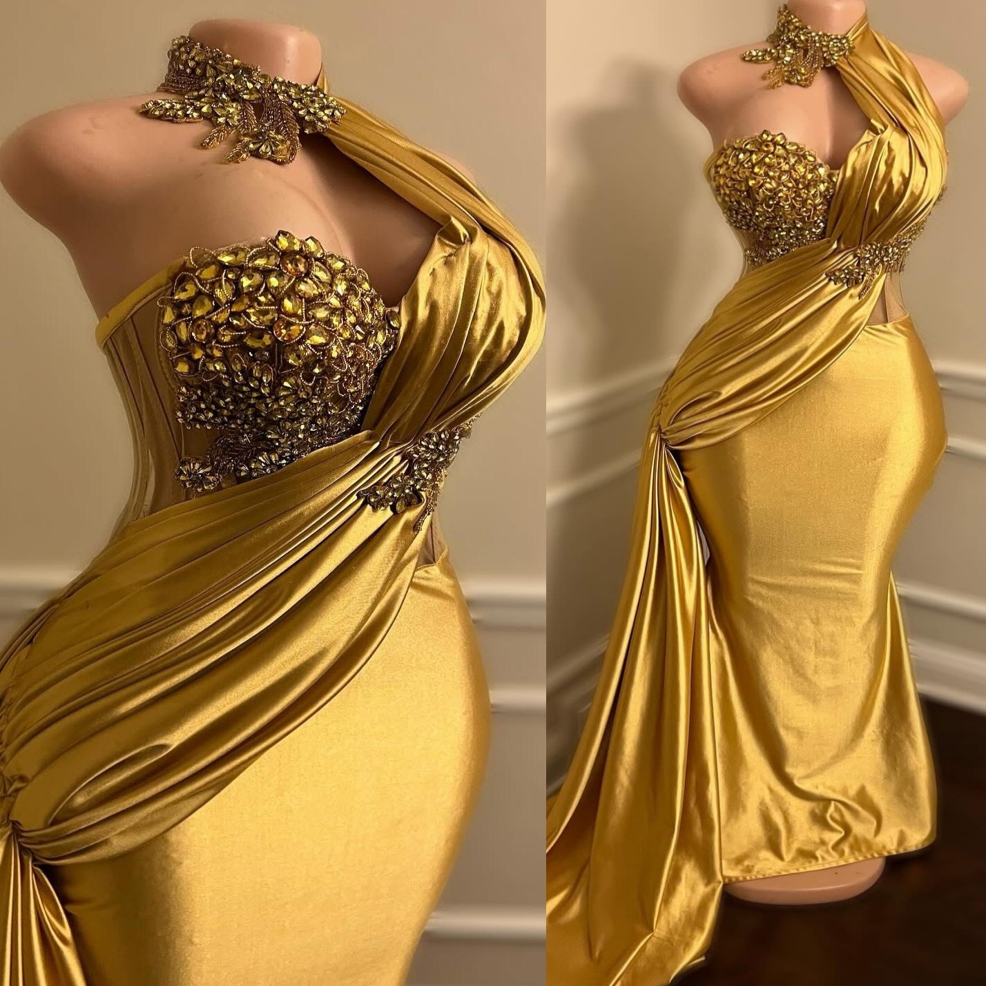 2025 Plus Size Gold Mermaid Mother Of Bride Dresses Crystals Halter Satin Prom Evening Party Mama's Dress Vintage 50's Birthday Wedding Gues