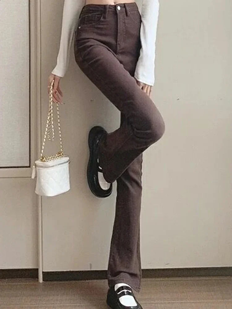 Women Korean Flare Jeans High Waist Elastic Boot Cut Pants Lady Vintage Blue Black Gray Brown Denim Bell Bottom Trousers Z260313