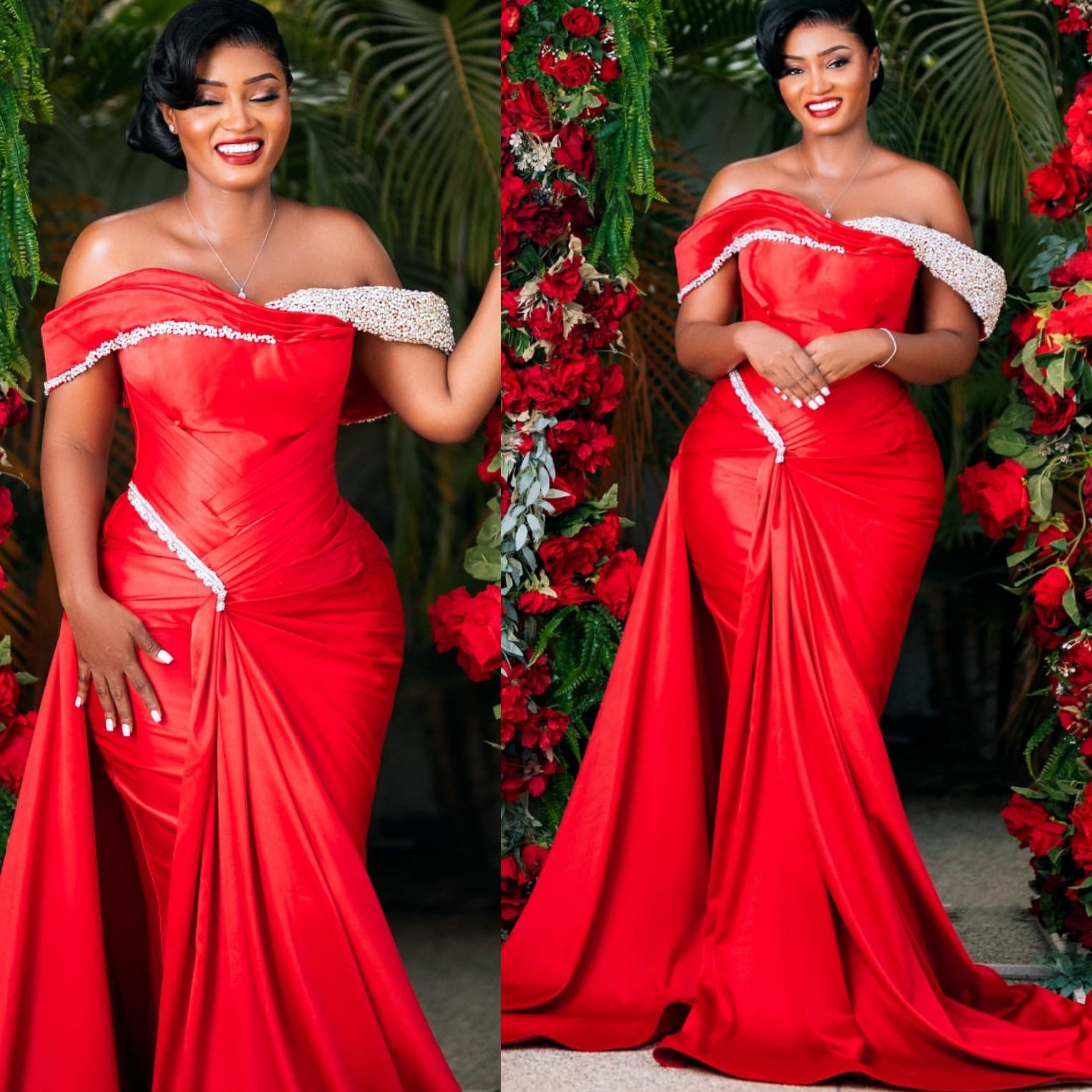 Mermaid Red Prom Dresses 2025 Strapless Beaded Satin Elegant Evening Formal Party Second Birthday Engagement Gowns Plus Size Dress For Special Occasio