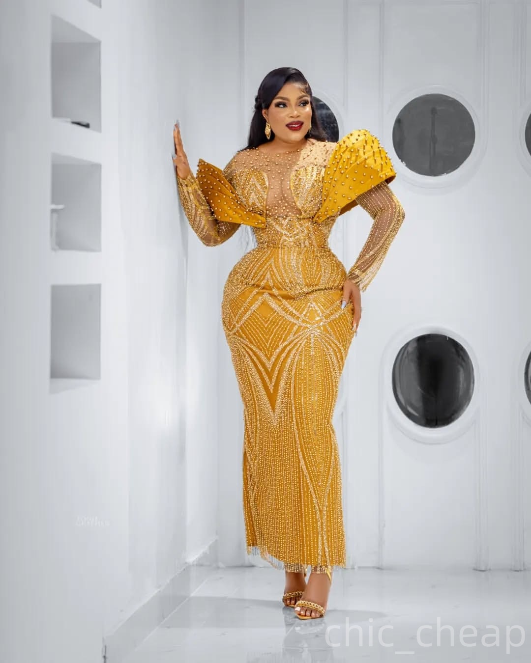 Sheath Yellow Prom Dresses 2025 Pearls Sequined Full Sleeves Elegant Evening Formal Party Second Birthday Engagement Gowns Plus Size Dress For Special