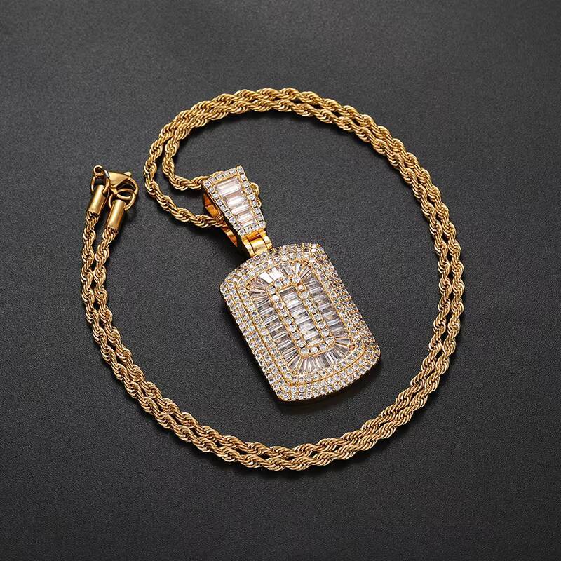 Hip Hop Full Diamond Pendant Charming Baguette Stone Rope Chain Pendant 18K Gold Plated Iced Out Necklace Jewelry