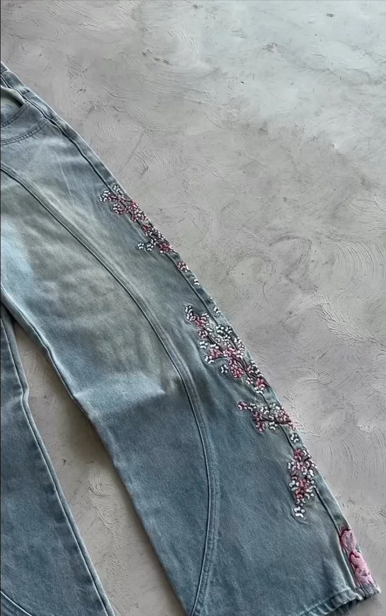 Men Women Cherry Blossom Knight All Embroidery Denim Pants Y2k Vintage Baggy Street Straight Jeans High Waisted Washed Blue Jean yy250901