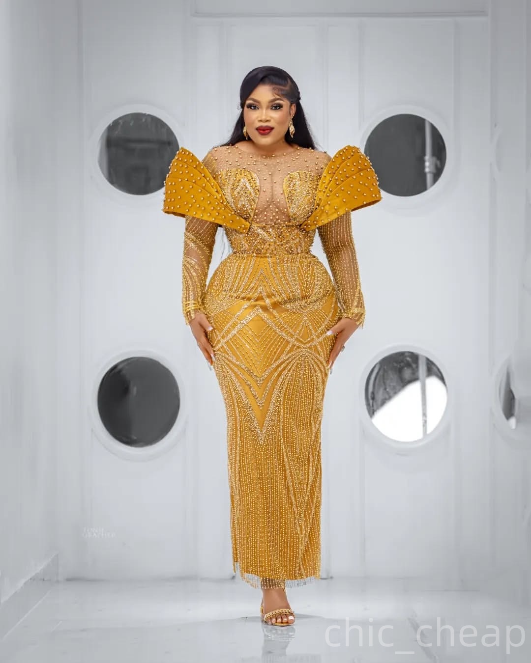 Sheath Yellow Prom Dresses 2025 Pearls Sequined Full Sleeves Elegant Evening Formal Party Second Birthday Engagement Gowns Plus Size Dress For Special