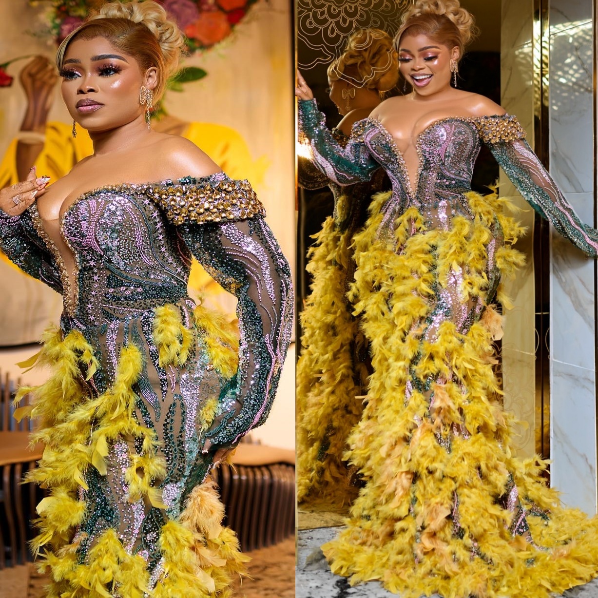 Mermaid Prom Dresses 2025 Feather Crystals Beaded Sequined Sparkly Evening Formal Party Second Birthday Engagement Gowns Plus Size Dress For Special O