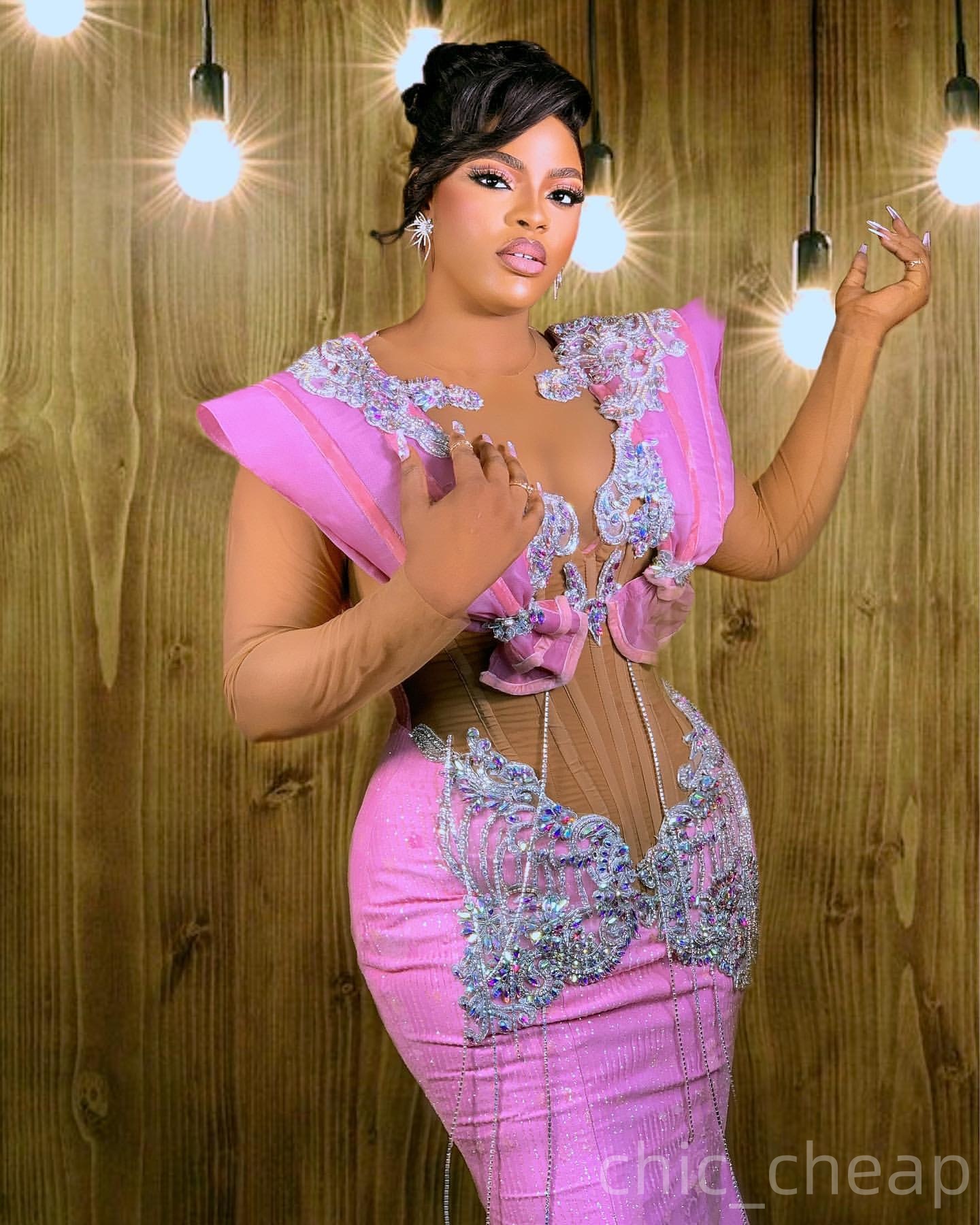 Mermaid Pink Prom Dresses 2025 Crystals Lace Illusion Full Sleeves Evening Formal Party Second Birthday Engagement Gowns Plus Size Dress For Special O