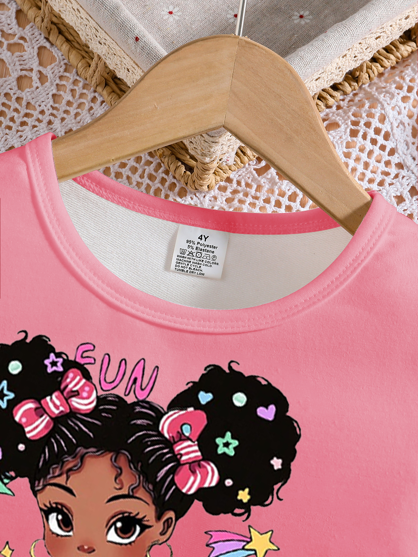 Girls' Set with Round Neck Bubble Sleeve Top & Bell Bottom Denim Pants pink top - KJ1C4230C