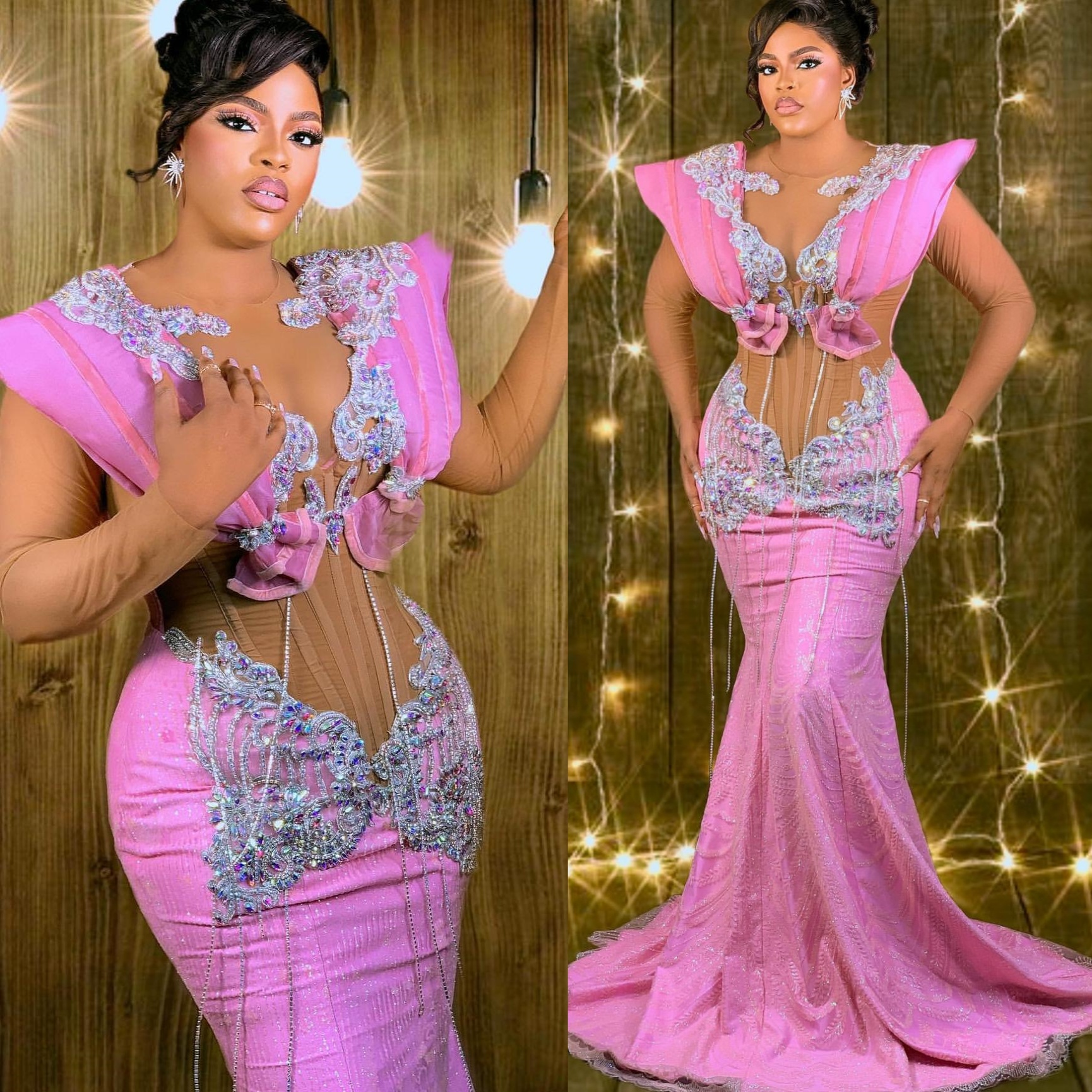 Mermaid Pink Prom Dresses 2025 Crystals Lace Illusion Full Sleeves Evening Formal Party Second Birthday Engagement Gowns Plus Size Dress For Special O