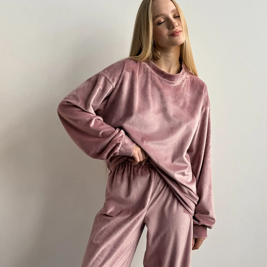 XS2-Winter warm flannel pajamas soft skin-friendly loose round neck warm thick home clothes for women