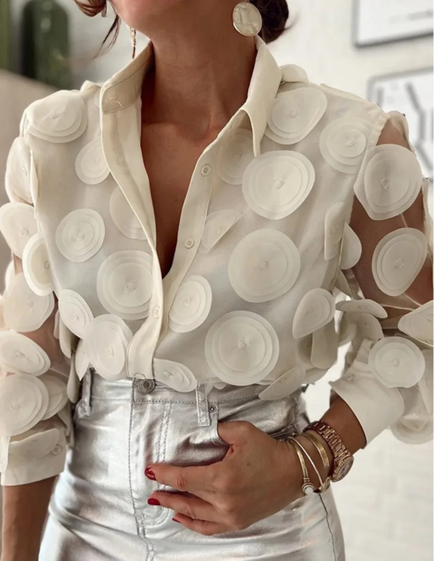 Spring Autumn Top For Women Elegant Three-dimensional Flowers Transparent Thin Chiffon Shirt Long Sleeve 250823