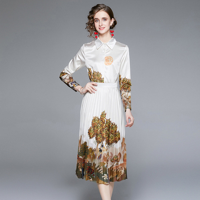 free shipping designer dresses Autumn light luxury fashion set high-end printed loose shirt pleated skirt two-piece set