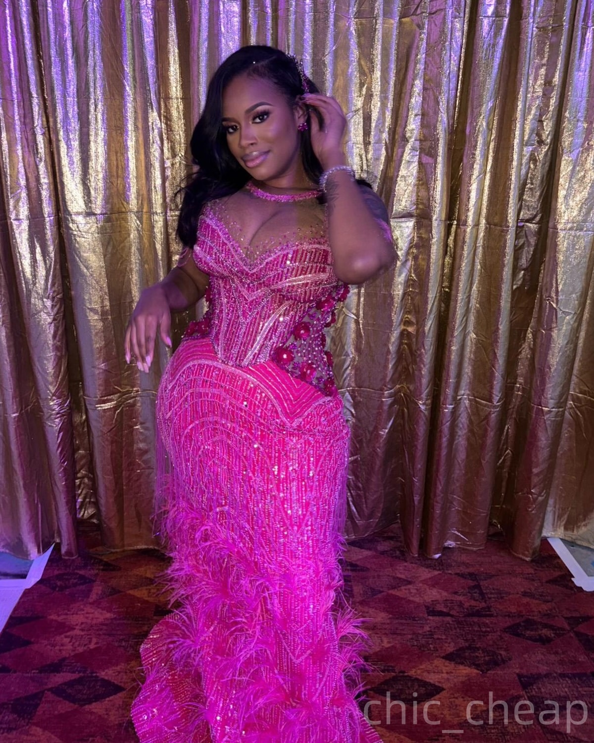 Mermaid Fuchsia Prom Dresses 2025 Beaded Flowers Feather Sparkly Evening Formal Party Second Birthday Engagement Gowns Plus Size Dress For Special Occ