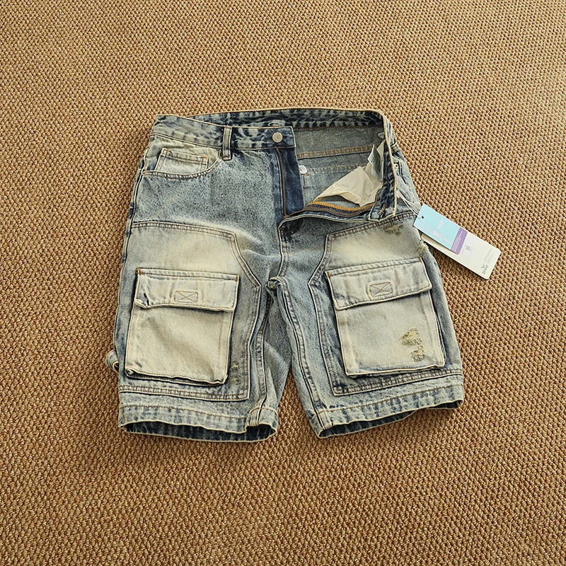 Summer denim medium pants fashion men high street trend fashion baggy multi-pocket cargo quarter pants 250823