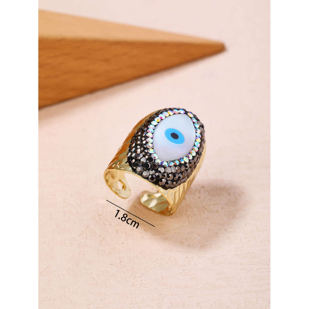 luxury Turkish Fashion Style Shell Eye Mud Inlaid Diamond Adjustable Electroplated Gold Personality Ring Turkish Eye bague