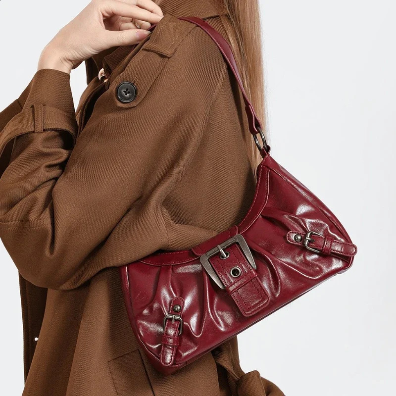 Vintage PU Leather Shoulder Bag for Women 2025 Y2K Spicy Girl Trend Maillard Style Underarm High Quality Handbags 250820