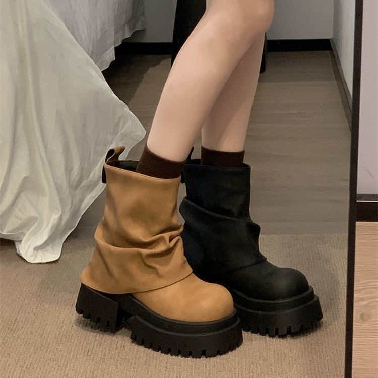 2025 autumn winter new minimalist design heel and thick sole fashionable versatile sleeve stacking for women's trendy street boots