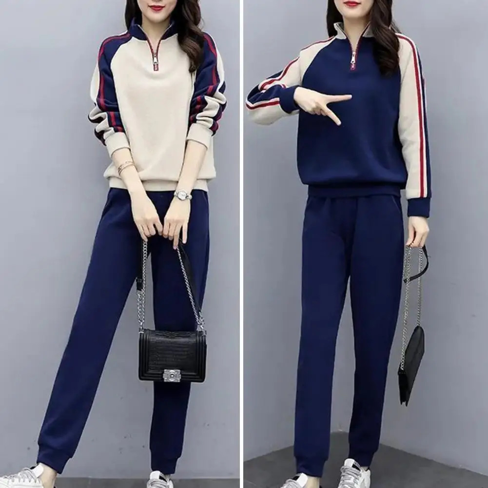 Women Stylish Suit Set Womens Color Matching Tracksuit Set with Stand Collar Sweatshirt Elastic Waist Pants for Fall Winter 2 250825