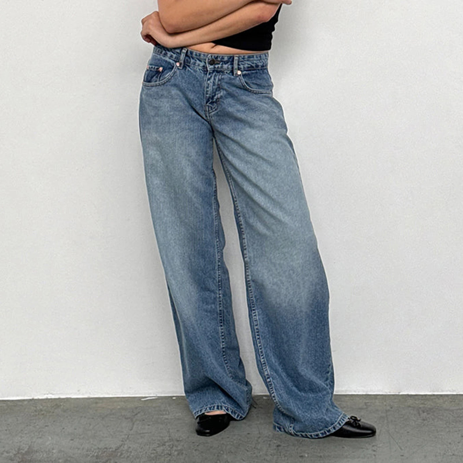 Women Y2k Low Rise Baggy Jeans Loose Fit Boyfriend Straight Wide Leg Jeans Trendy Stretch Long Denim Pants for Daily Streetwear 250825