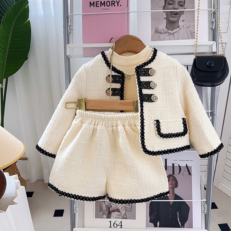 2025s New Girls' Spring Autumn Outfit Set Fashionable French Style Elegant Jacket & Pants Two Piece