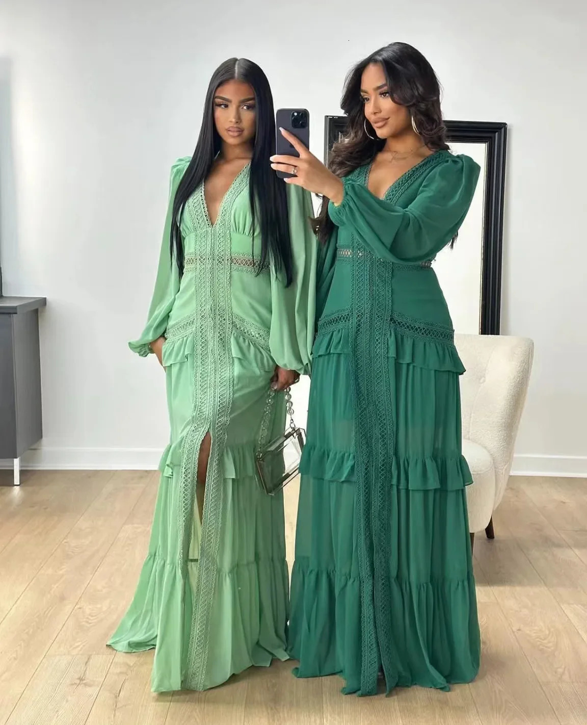 Elegant Womens Long Dress With Sleeves Ruffles Hollow Out Evening Dresses Party Chic Robe Green Blue Purple Holiday Summer 250825
