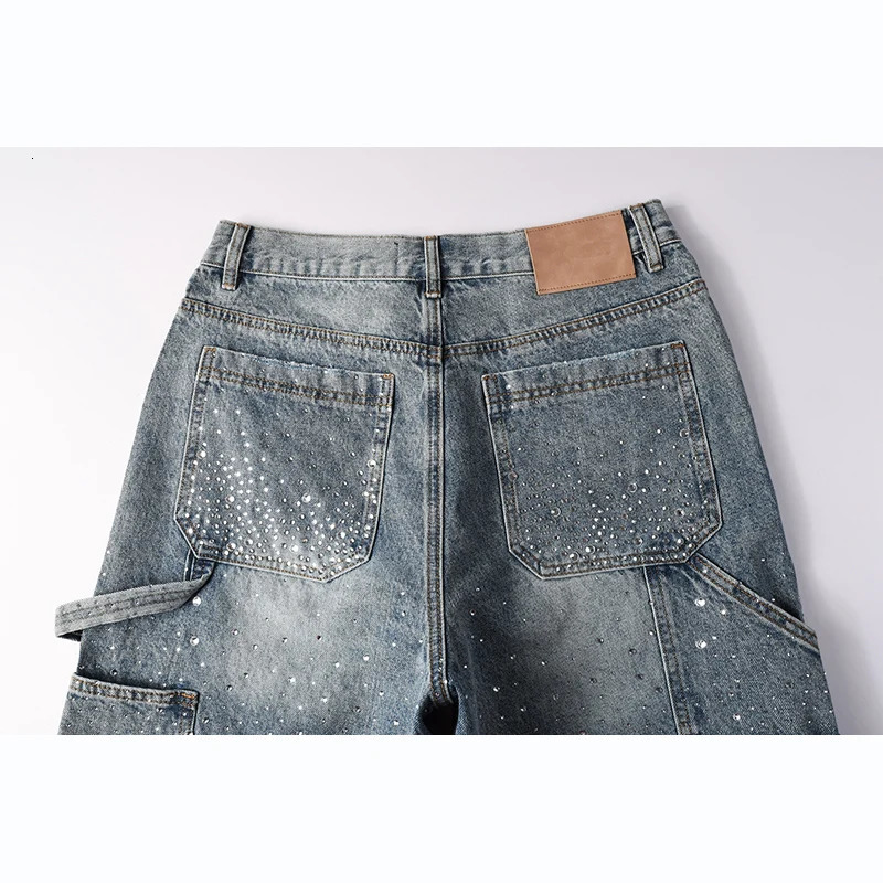 Mens High Street Distressed Washed Vintage Blue Rhinestones Ripped Jean Denim Short Pants 250825