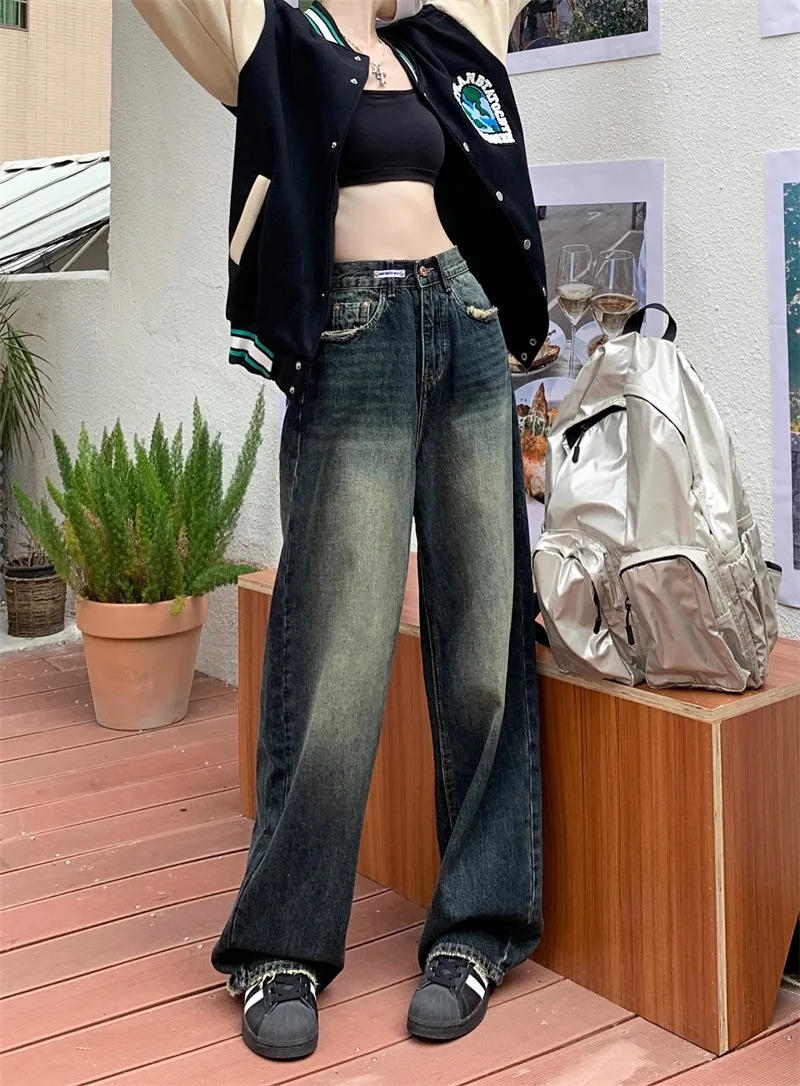 Womens Harajuku Style Wide Leg Jeans Autumn Winter Street Fashion Retro Straight Loose Denim Trousers Z260313